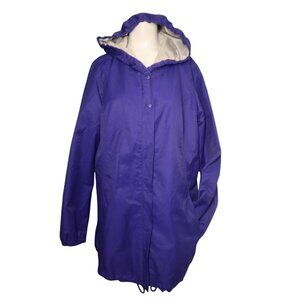 Eddie Bauer Women's Hooded Purple Raincoat L Snap Zip Lined Pockets Outdoor